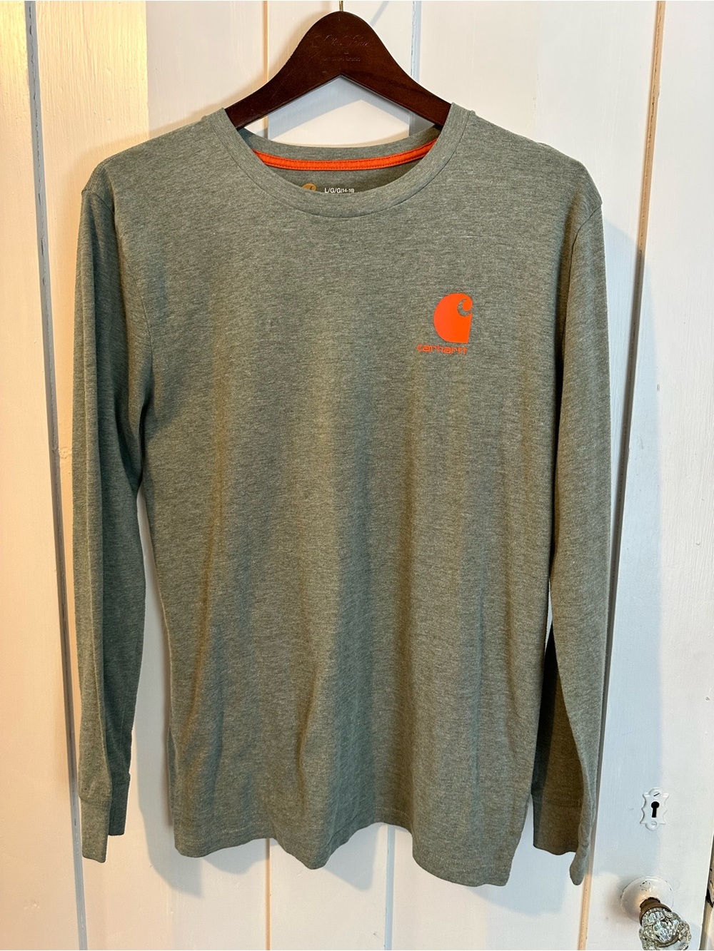 Carhartt Olive Green Long Sleeve Tee with Orange Logo Accent